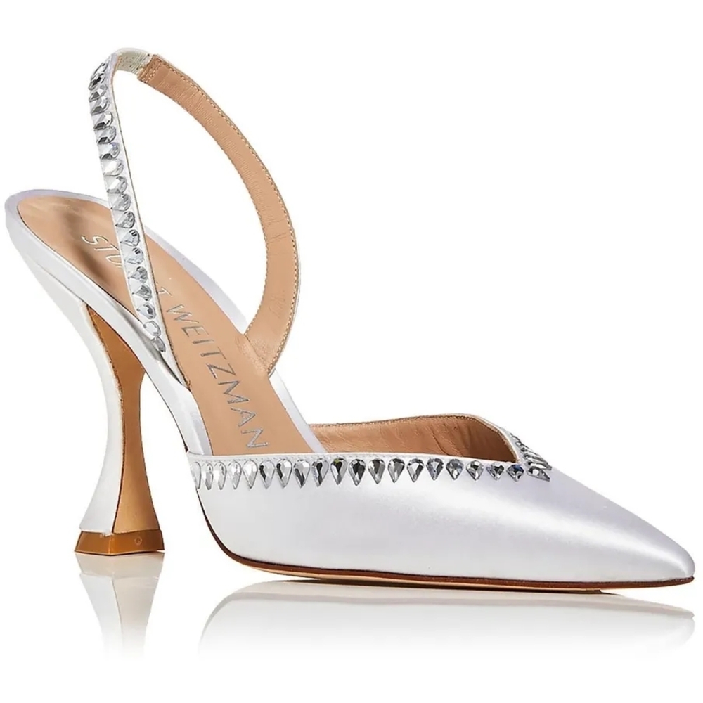 Stuart Weitzman Cream Heels with Rhinestone Accents - Picture 1 of 7